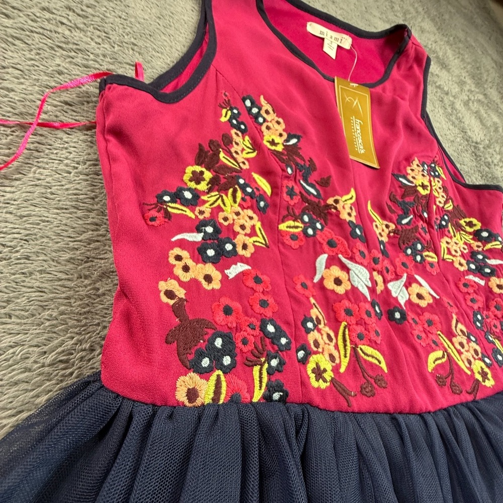 Mi Ami Embroidered Floral Dress S Sleeveless Pink Navy Tulle A-Line NWT - Picture 7 of 9